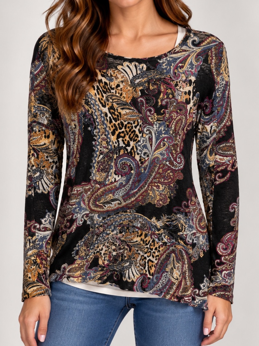 Chico's Black Paisley & Leopard Mixed-Print Long Sleeve Top